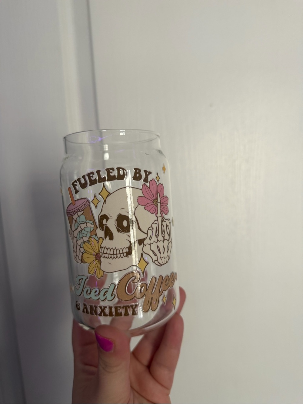 Glass Tumbler - Pink & brown Skull 'Fueled by Iced Coffee & Anxiety'